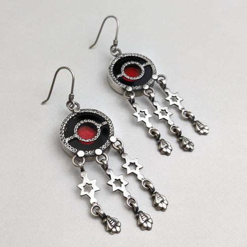 Silver earrings with red and black