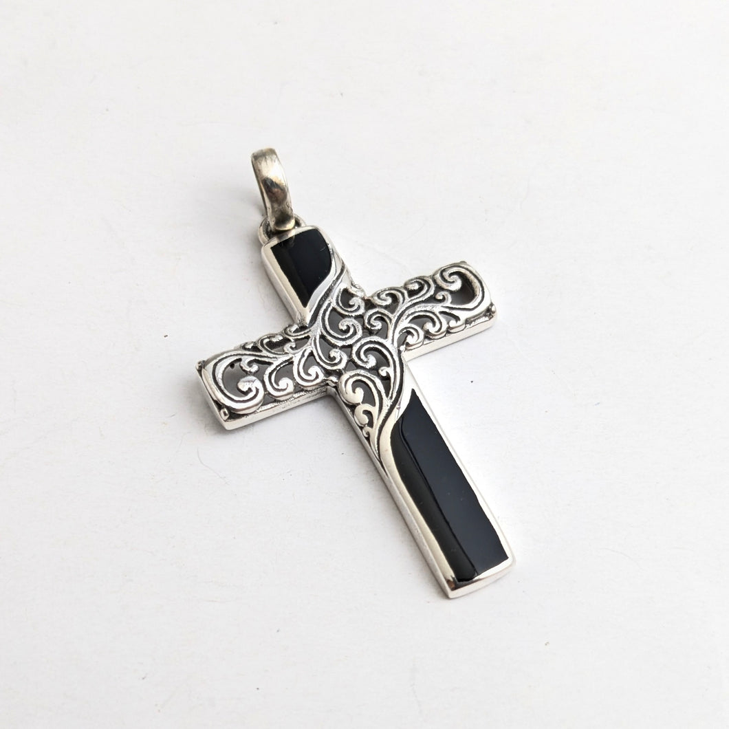 Onyx silver cross pendant