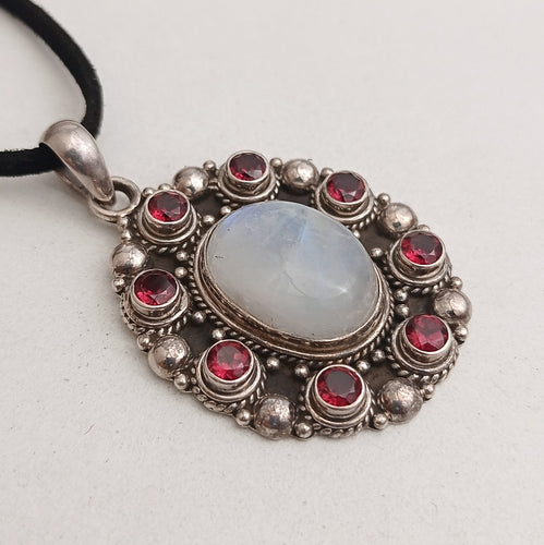 Rainbow moonstone garnet pendant