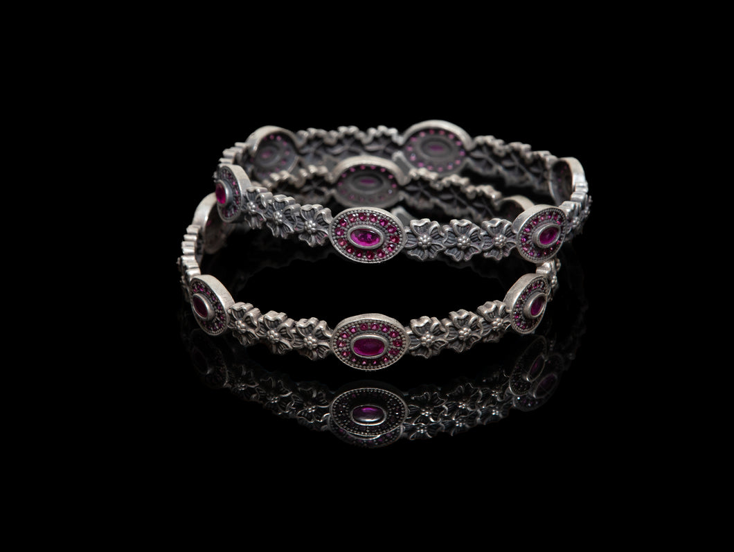 Floral  silver bangle with ruby zirconia