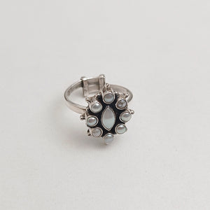 Elongated silver and pearl ring