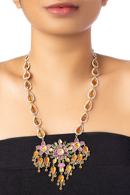 SILVER GOLD PLATED STATEMENT NECKPIECE WITH PRECIOUS STONES