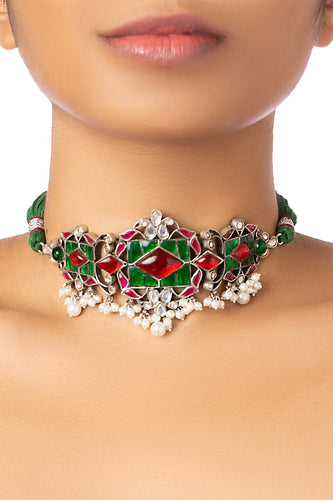 STATEMENT SILVER CHOKER WITH COLOURED STONES