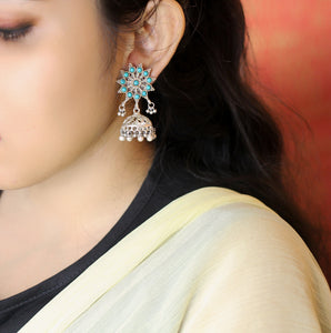 TURQUIOSE AND SILVER FILIGREE JHUMKI