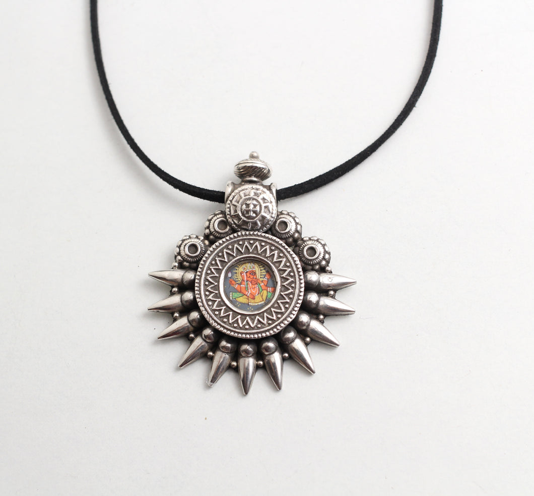 SILVER SPIKE PENDANT WITH GANESHA PAINTING