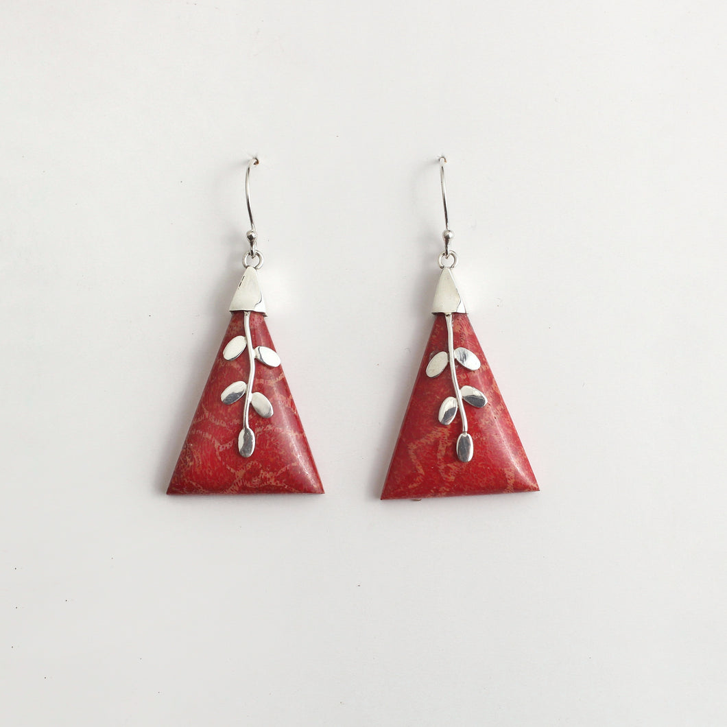 TRIANGULAR BAMBOO CORAL EARRINGS WIH SILVER ACCENTS