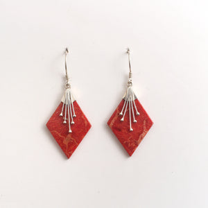 RHOMBUS  SHAPE BAMBOO CORAL EARRINGS WIH SILVER ACCENTS