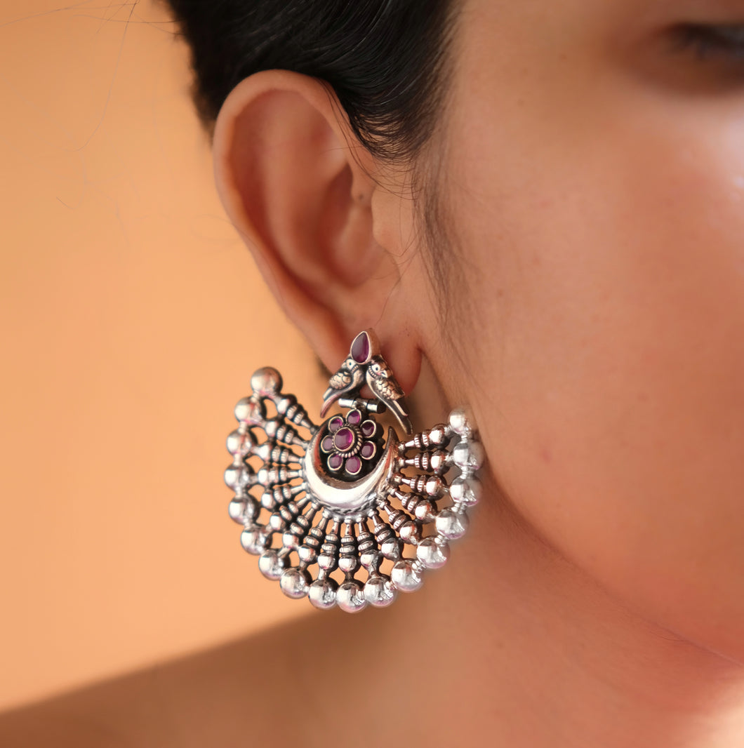 SILVER PINK STONE CHAND BALIS