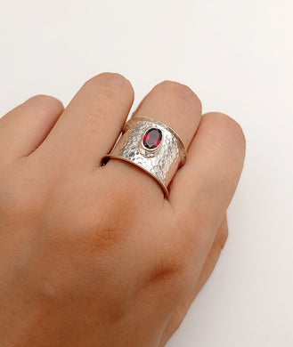Hammered silver garnet ring