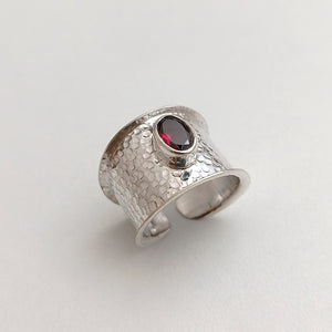 Hammered silver garnet ring