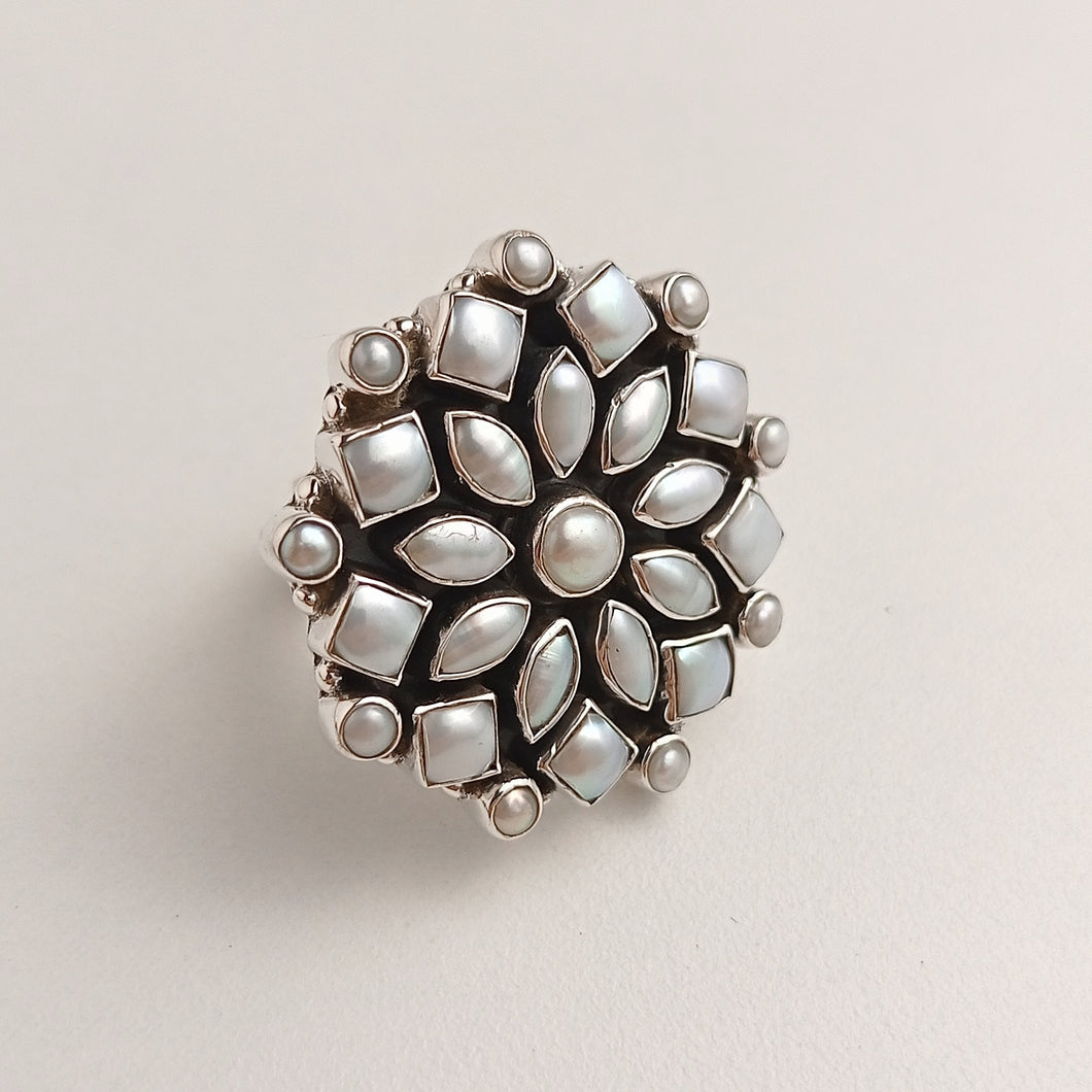 FLORAL PEARL AND SILVER RING