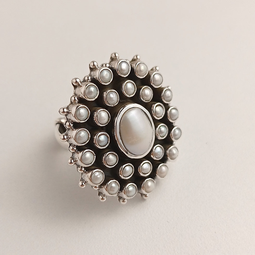 ELLIPTICAL PEARL SILVER  RING
