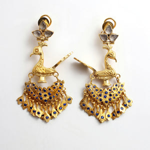SILVER GOLD PLATED PEACOCK EARRINGS WITH SAPHIRE BLUE ZIRCONS