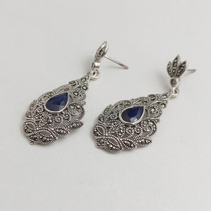 VICTORIAN MARCASITE EARRINGS WITH SYNTHETIC SAPHIRE