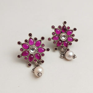 Red stone studs with pearl drop