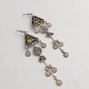 SILVER DANGLING EARRINGS WITH YELLOW AND GREEN GLASS
