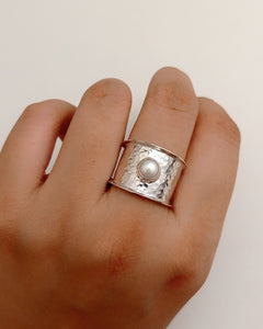 Hammered silver pearl ring